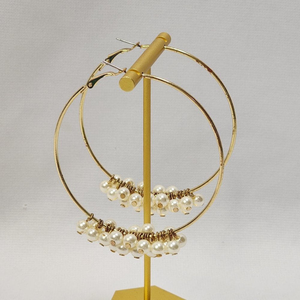 Gold Tone and Faux Pearl Large Hoop Earrings